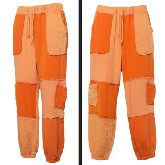 POL Jogger Pants Orange Patchwork Adjustable Drawstring Cargo Pockets Contrast - Picture 6 of 7